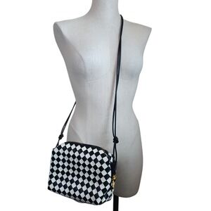 Woven Checkerboard Crossbody Camera Style Bag Black White Gold Knot Detail